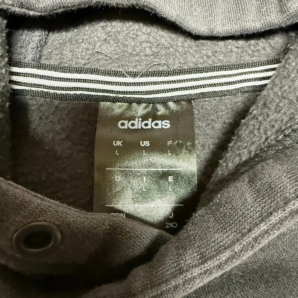 Adidas Mens Hoodie Size L Gray Pullover Sweatshirt Spell Out Logo 3‎ Stripe